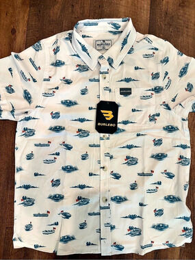 Burlebo On The Water Performance Button Up White & Blue NWT